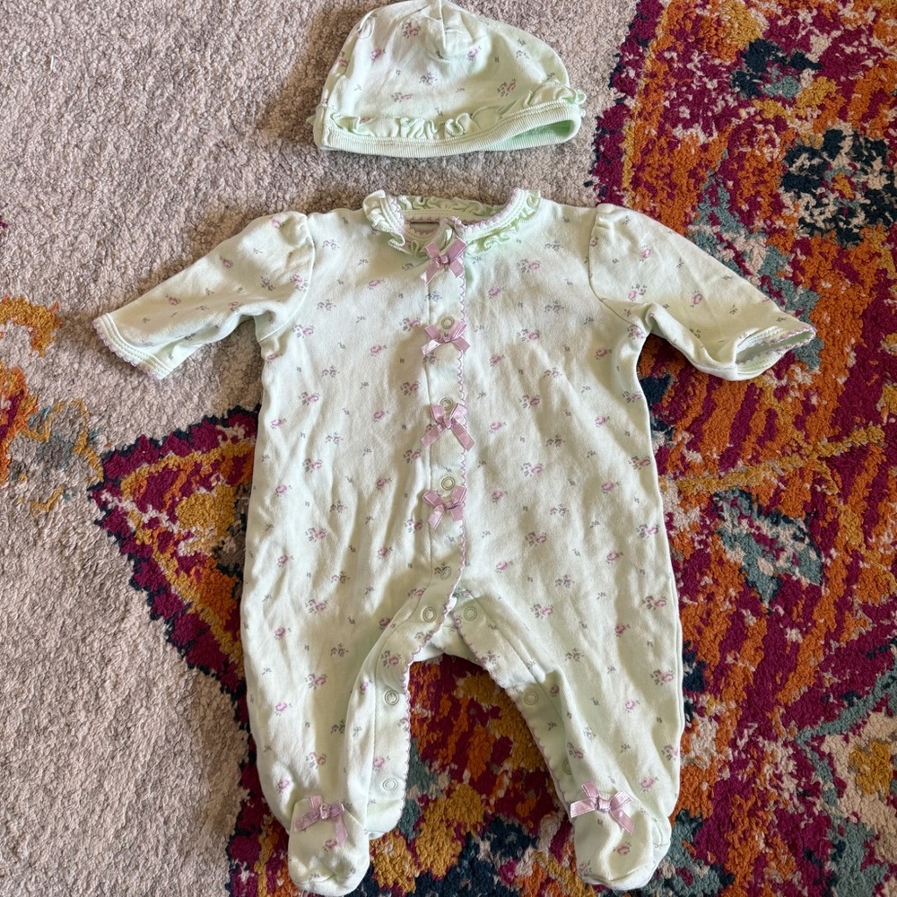 Little Me Pastel Green Floral Footie with Hat